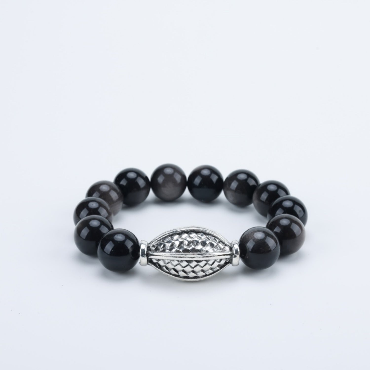 Natural Silver Sheen Obsidian Sterling Silver Bracelet - 14mm Large Beads, Unisex 18cm Wrist, Stylish & Versatile Jewelry for Men & Women