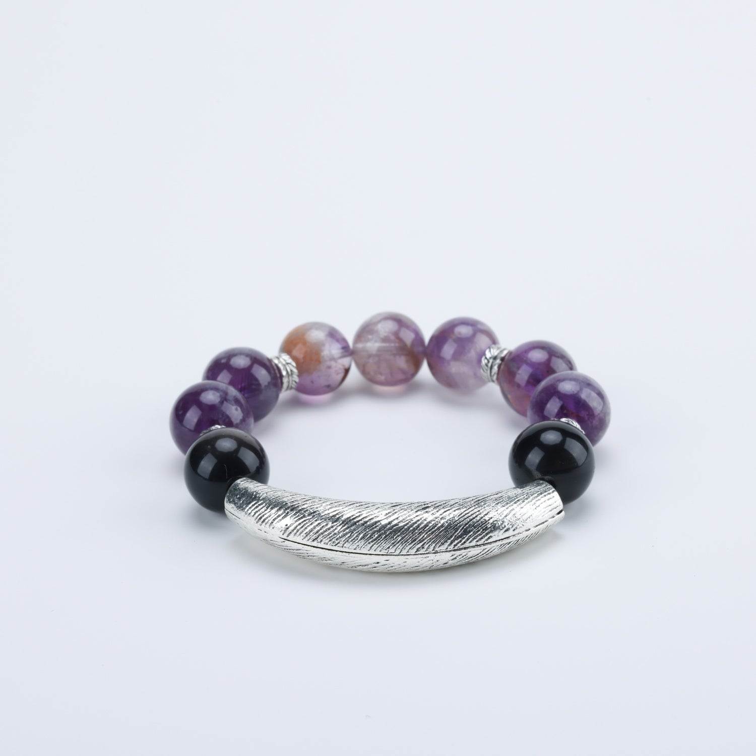 Amethyst & Silver Obsidian Adjustable Bracelet with Sterling Silver Charms – 13mm Gemstone Jewelry, Custom Sizing, Boho Gift for Women