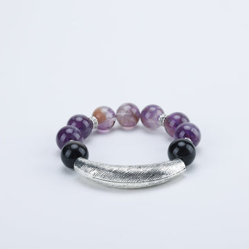 Amethyst & Silver Obsidian Adjustable Bracelet with Sterling Silver Charms – 13mm Gemstone Jewelry, Custom Sizing, Boho Gift for Women