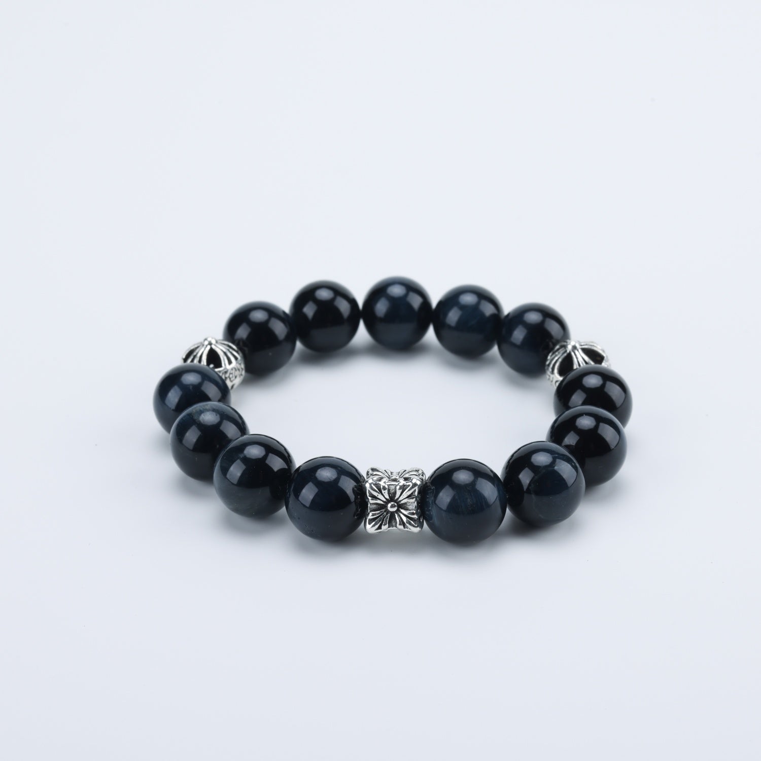 12mm Natural Blue Tiger Eye Bead Bracelet with 925 Sterling Silver Accents - Customizable Sizing (Contact Support)