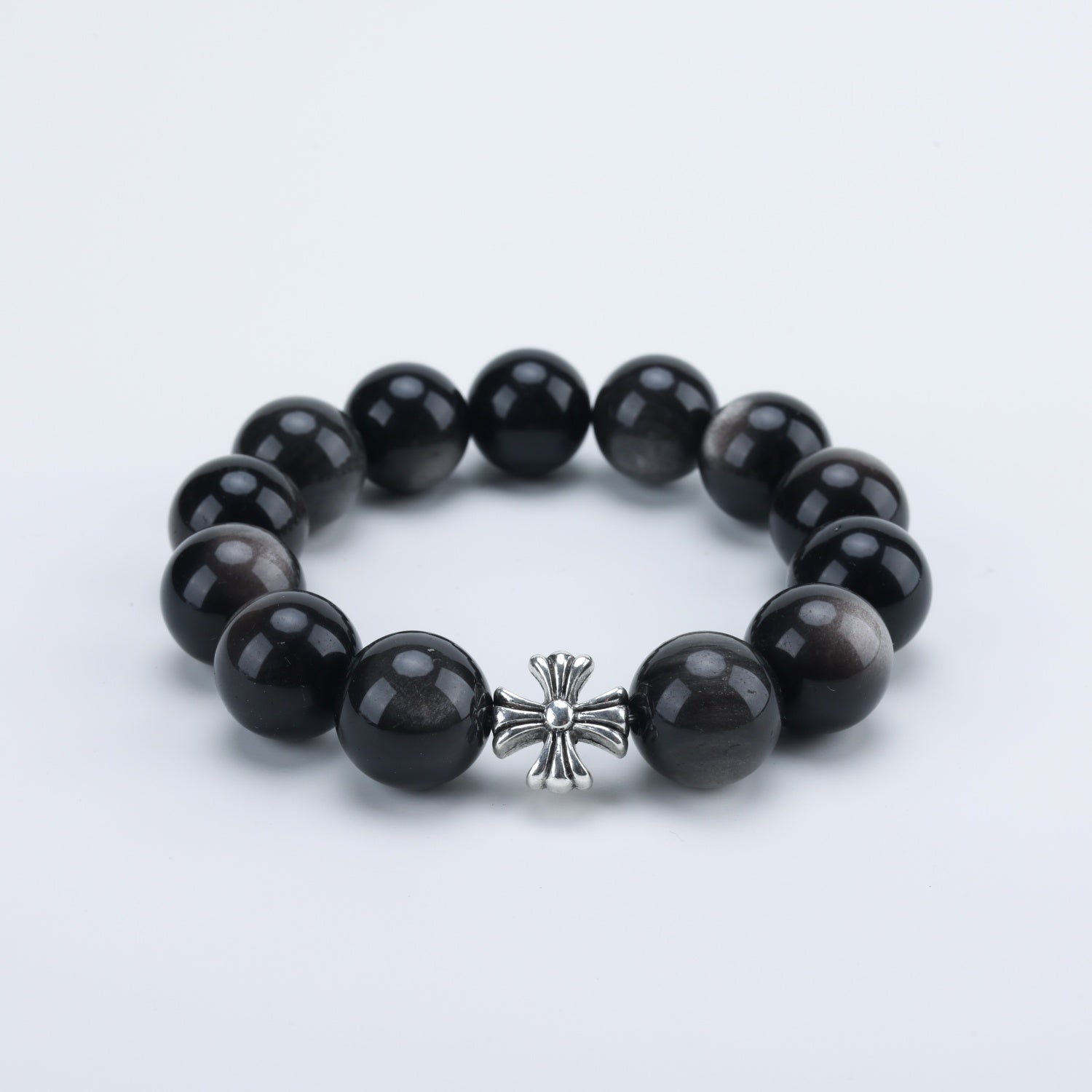 14mm Silver Obsidian Stone Bead Bracelet with 925 Sterling Silver Accents - Adjustable up to 17cm Wrist