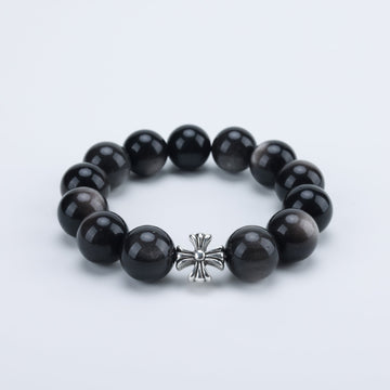 14mm Silver Obsidian Stone Bead Bracelet with 925 Sterling Silver Accents - Adjustable up to 17cm Wrist