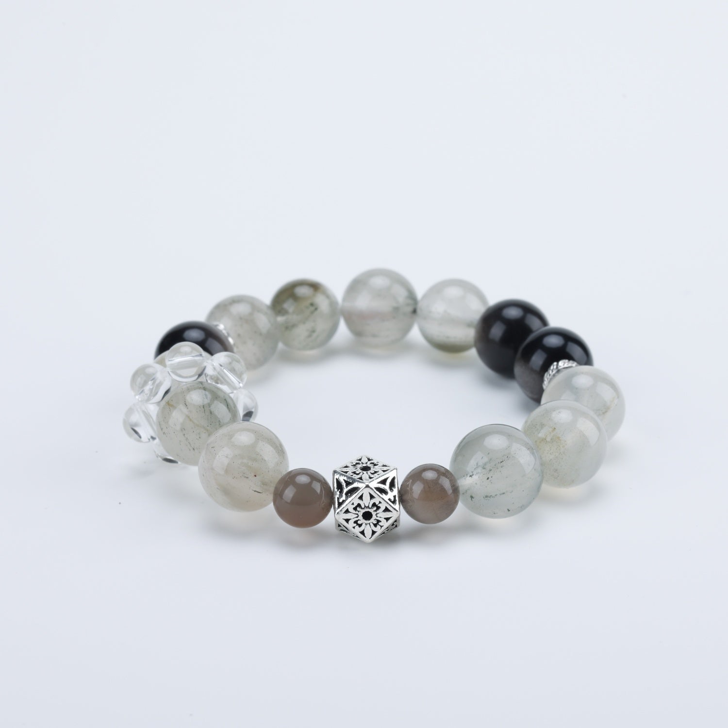 Natural Green Quartz & Silver Sheen Obsidian Bracelet with Gray Moonstone + White Quartz | 12mm Beads | 16cm Wrist | Affordable Luxury Jewelry
