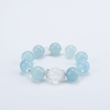 Adjustable Aquamarine & White Quartz Bracelet with Silver Diamond Accents, 14mm+ Beads – Handmade Healing Gemstone Jewelry for All