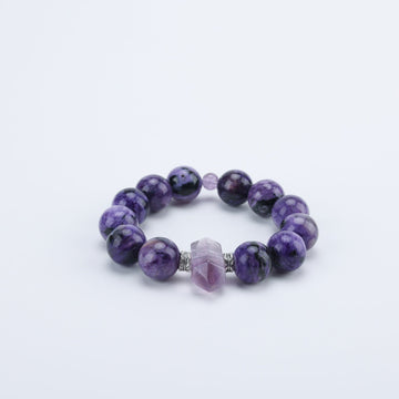 Adjustable Purple Dragon Stone Bracelet with Amethyst Crystal Points, 14mm Beads & Silver Accents – Handmade Spiritual Healing Gemstone Jewelry for All