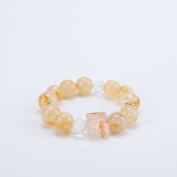 Adjustable Yellow Quartz & White Quartz Bracelet with Sugar Cube Cut Gems & Diamond Accents, 14mm+ Beads – Handmade Healing Gemstone Jewelry for All
