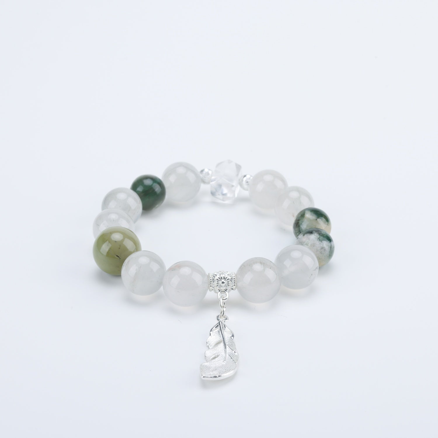 Adjustable Green Quartz & Green Zumu Bracelet with White Quartz Pillars, Alashan Agate & Silver Accents, 13mm+ Beads – Handmade Healing Gemstone Jewelry for All