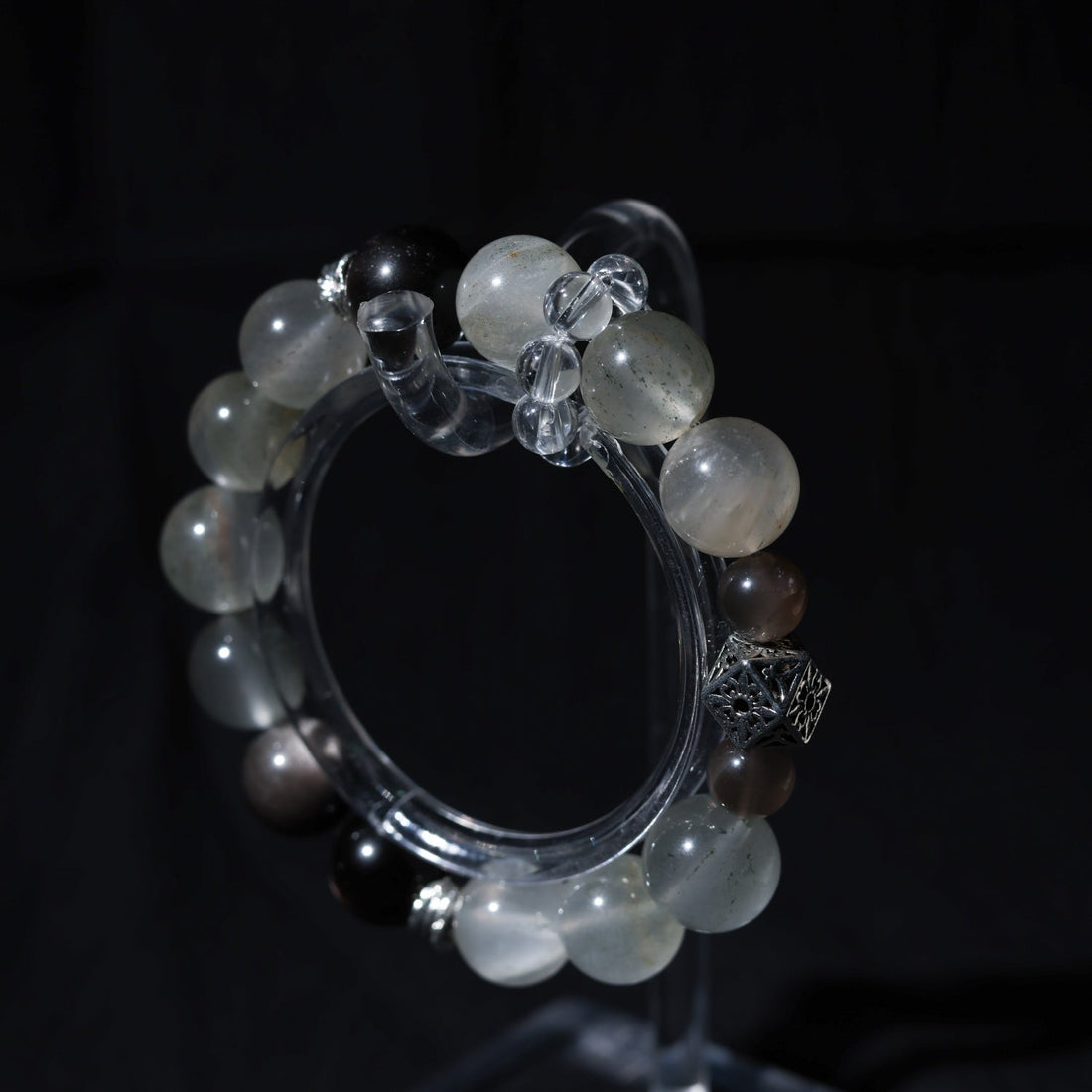 Natural Green Quartz & Silver Sheen Obsidian Bracelet with Gray Moonstone + White Quartz | 12mm Beads | 16cm Wrist | Affordable Luxury Jewelry