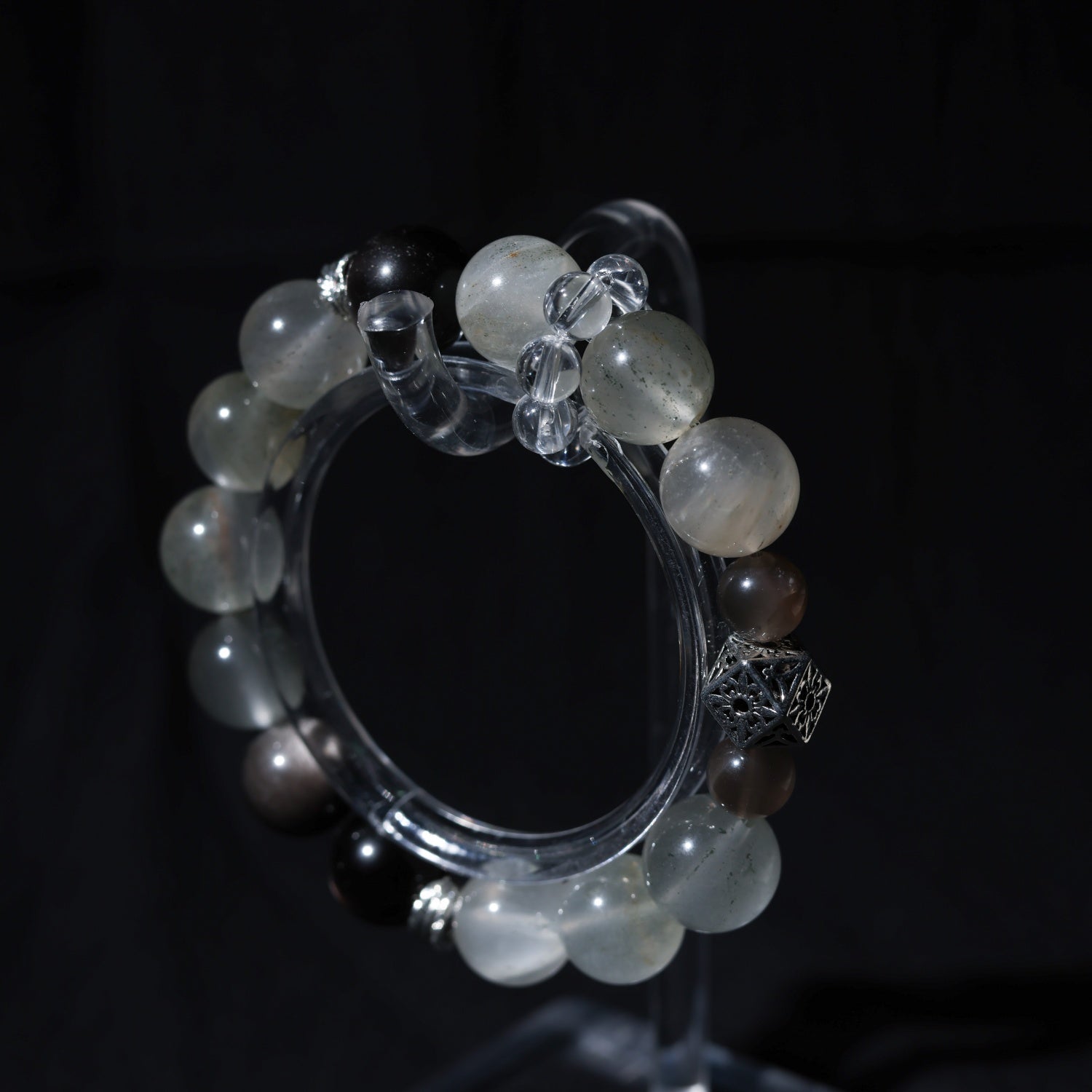 Natural Green Quartz & Silver Sheen Obsidian Bracelet with Gray Moonstone + White Quartz | 12mm Beads | 16cm Wrist | Affordable Luxury Jewelry