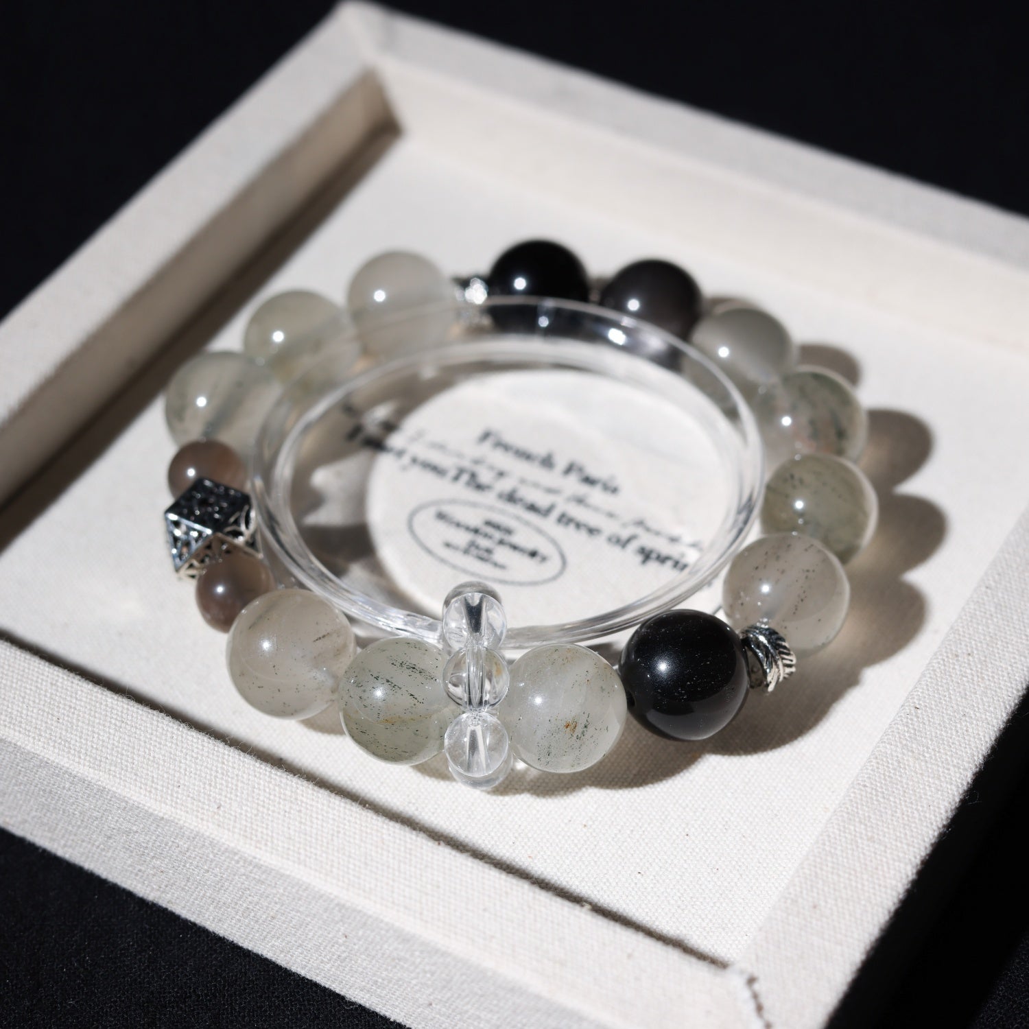Natural Green Quartz & Silver Sheen Obsidian Bracelet with Gray Moonstone + White Quartz | 12mm Beads | 16cm Wrist | Affordable Luxury Jewelry