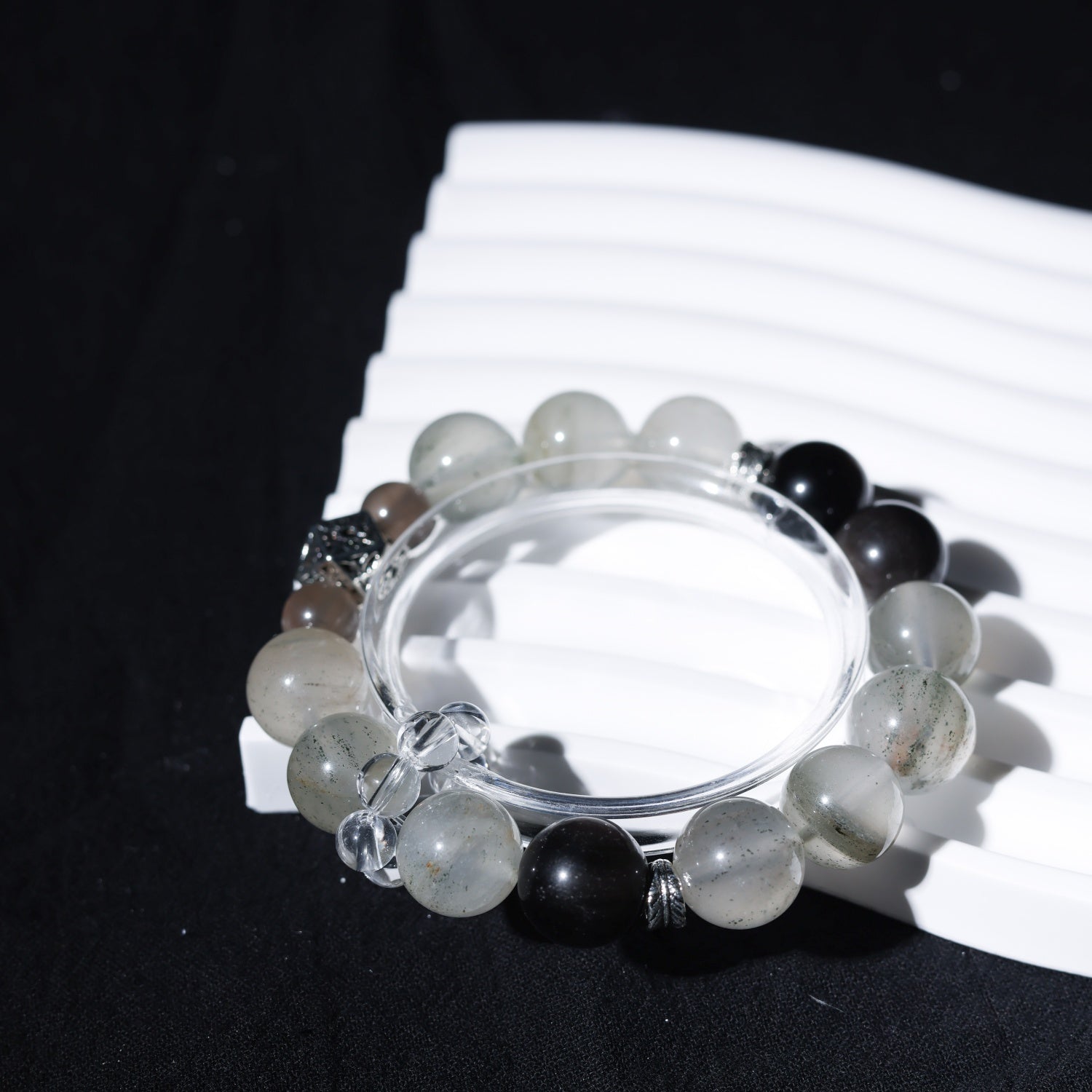 Natural Green Quartz & Silver Sheen Obsidian Bracelet with Gray Moonstone + White Quartz | 12mm Beads | 16cm Wrist | Affordable Luxury Jewelry