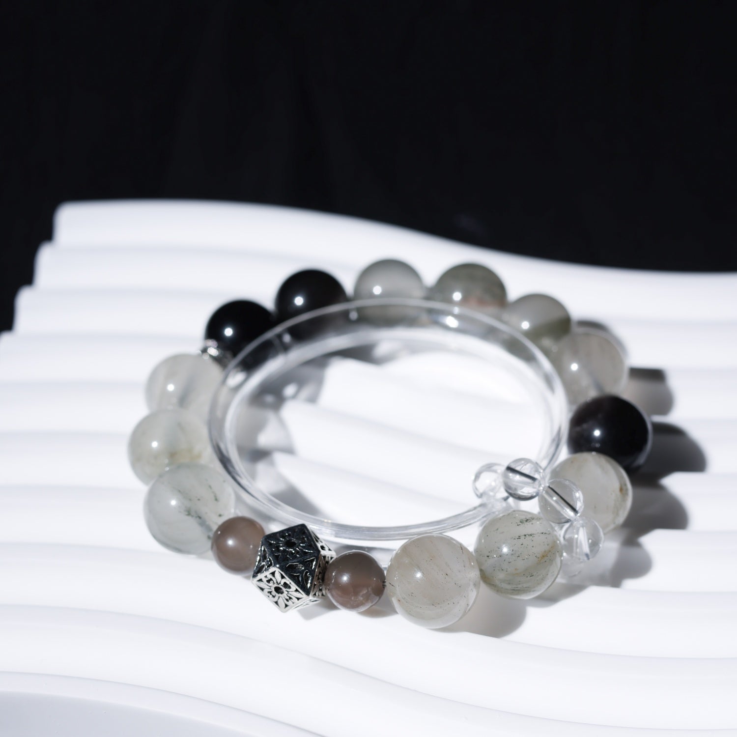 Natural Green Quartz & Silver Sheen Obsidian Bracelet with Gray Moonstone + White Quartz | 12mm Beads | 16cm Wrist | Affordable Luxury Jewelry