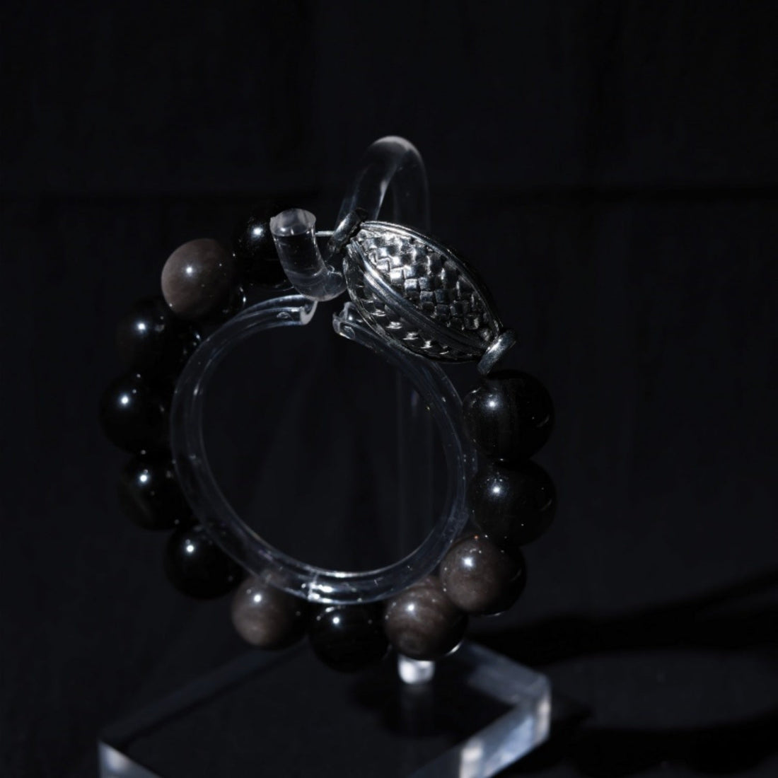 Natural Silver Sheen Obsidian Sterling Silver Bracelet - 14mm Large Beads, Unisex 18cm Wrist, Stylish & Versatile Jewelry for Men & Women