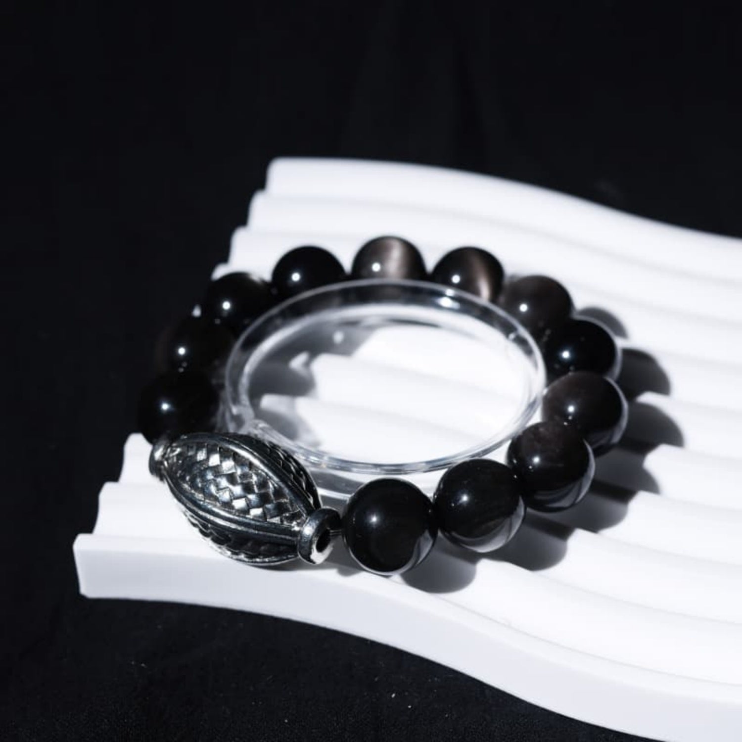 Natural Silver Sheen Obsidian Sterling Silver Bracelet - 14mm Large Beads, Unisex 18cm Wrist, Stylish & Versatile Jewelry for Men & Women