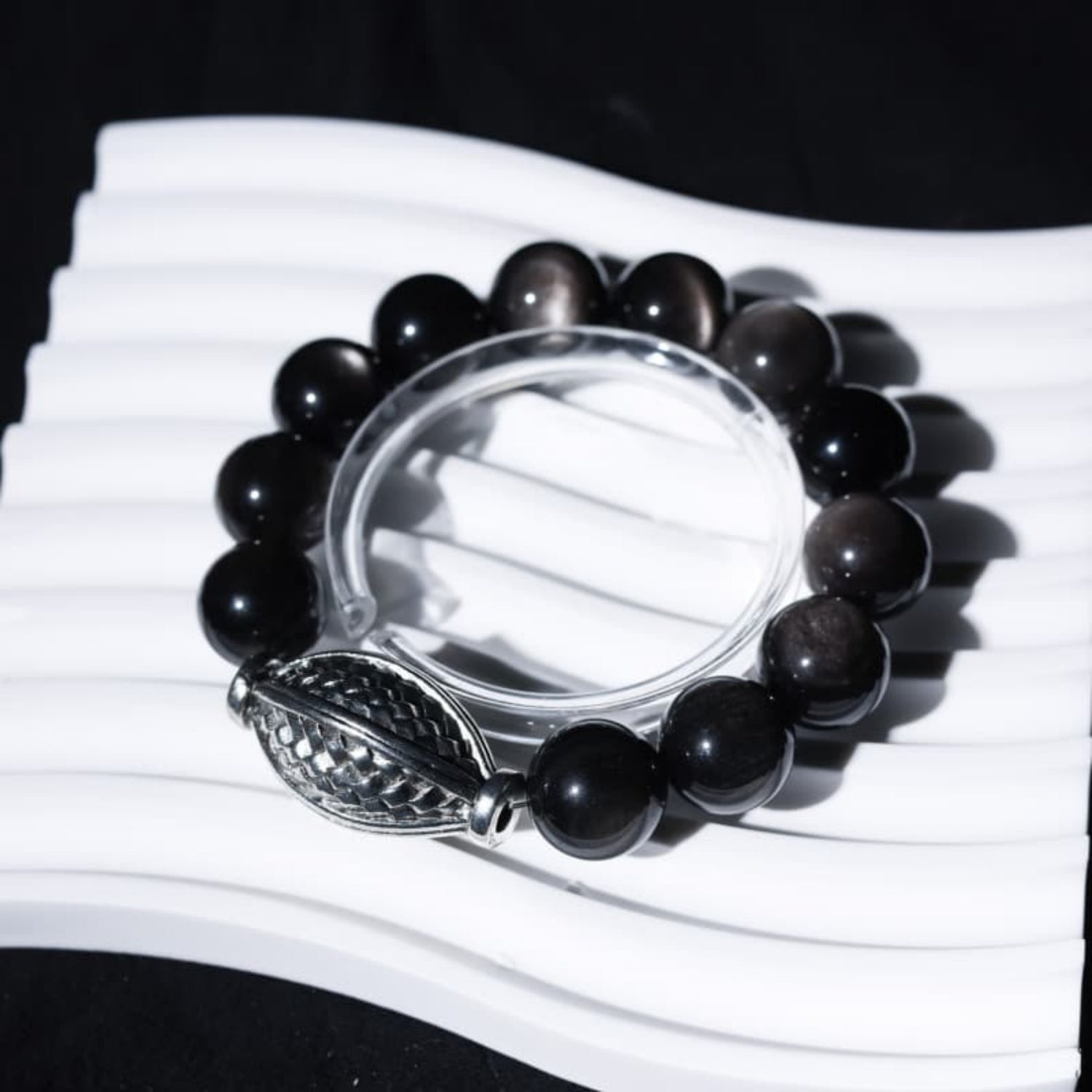 Natural Silver Sheen Obsidian Sterling Silver Bracelet - 14mm Large Beads, Unisex 18cm Wrist, Stylish & Versatile Jewelry for Men & Women