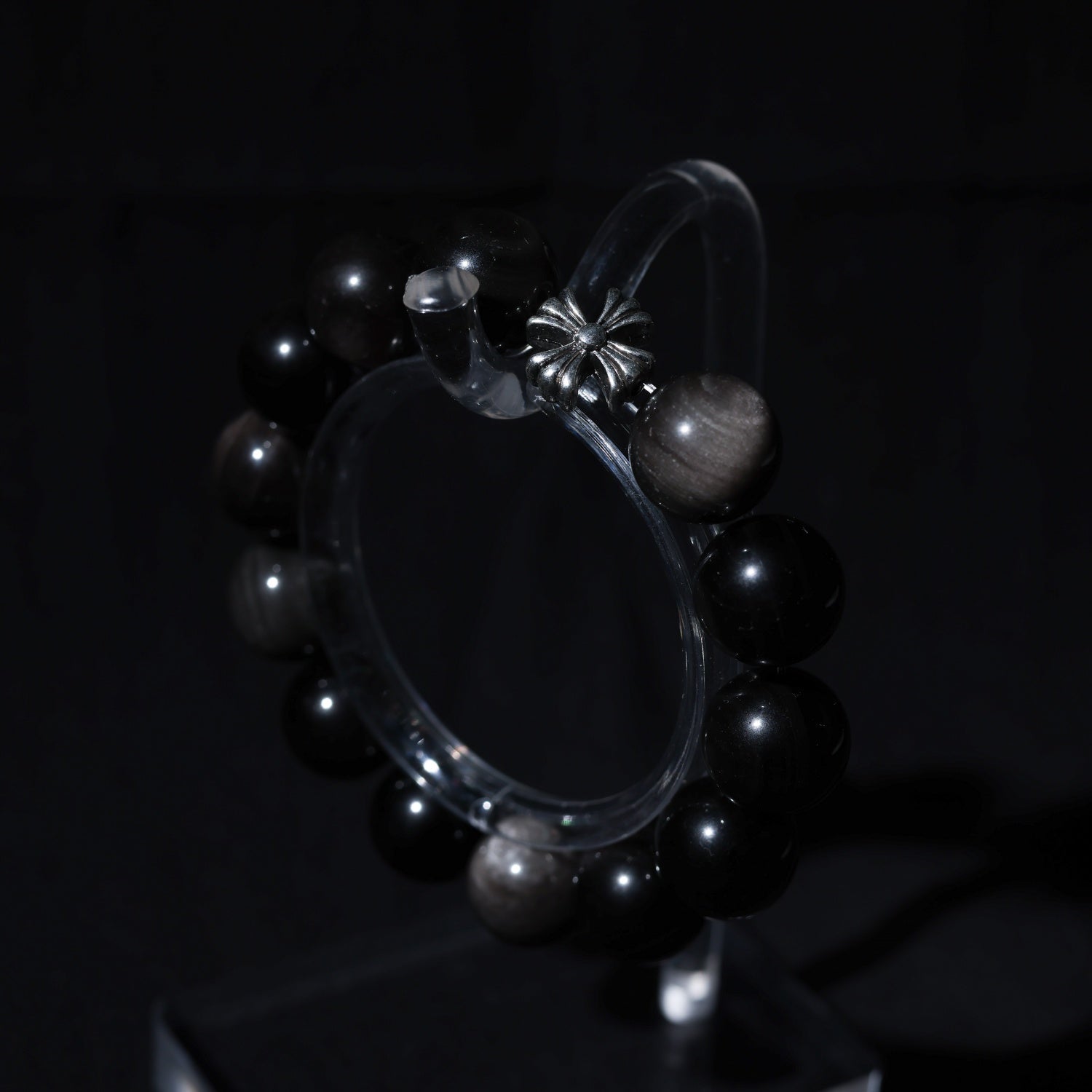 14mm Silver Obsidian Stone Bead Bracelet with 925 Sterling Silver Accents - Adjustable up to 17cm Wrist