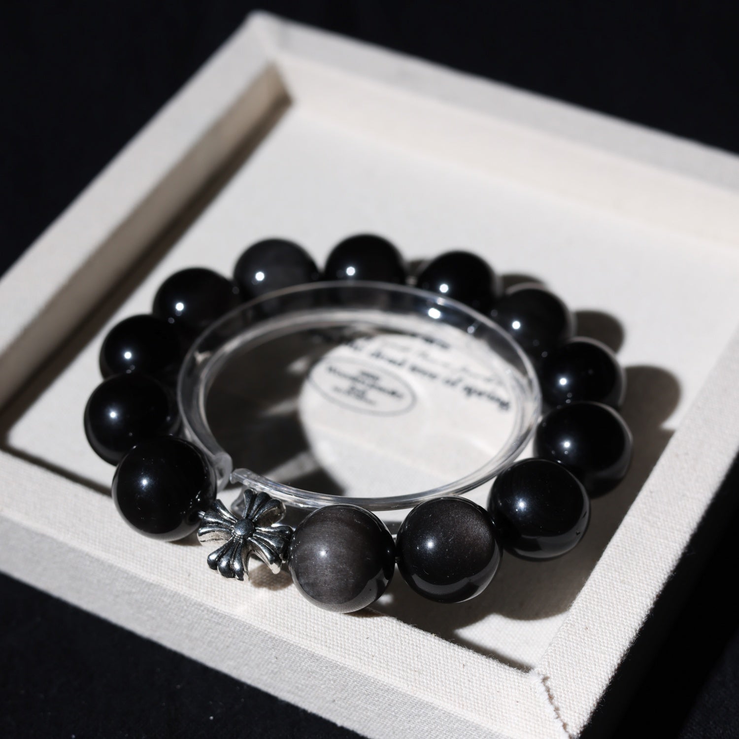 14mm Silver Obsidian Stone Bead Bracelet with 925 Sterling Silver Accents - Adjustable up to 17cm Wrist