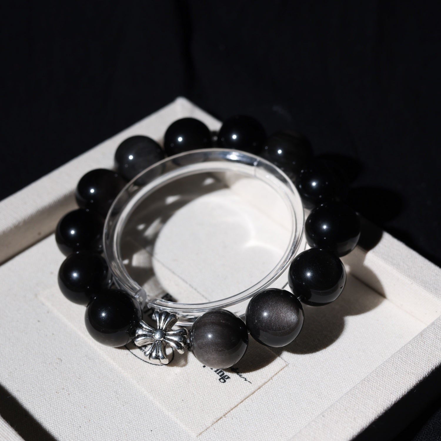 14mm Silver Obsidian Stone Bead Bracelet with 925 Sterling Silver Accents - Adjustable up to 17cm Wrist