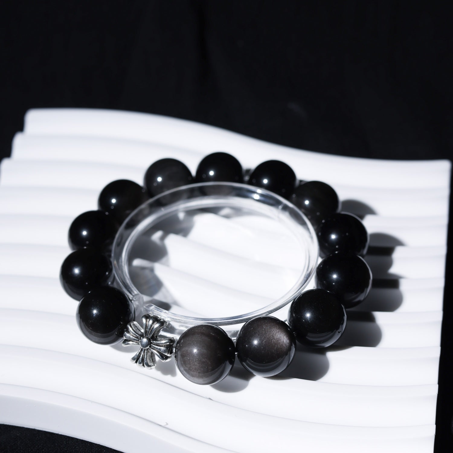 14mm Silver Obsidian Stone Bead Bracelet with 925 Sterling Silver Accents - Adjustable up to 17cm Wrist