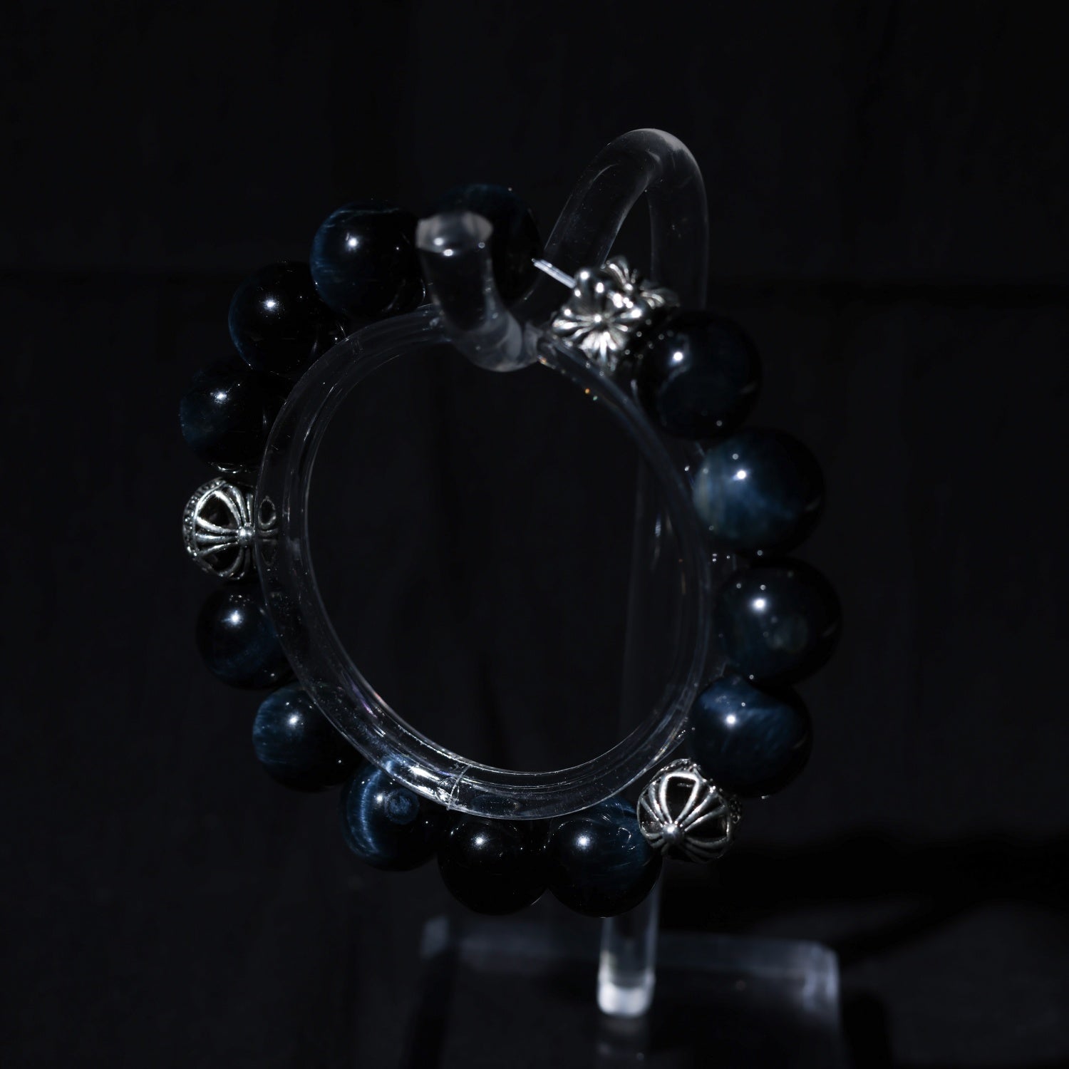 12mm Natural Blue Tiger Eye Bead Bracelet with 925 Sterling Silver Accents - Customizable Sizing (Contact Support)