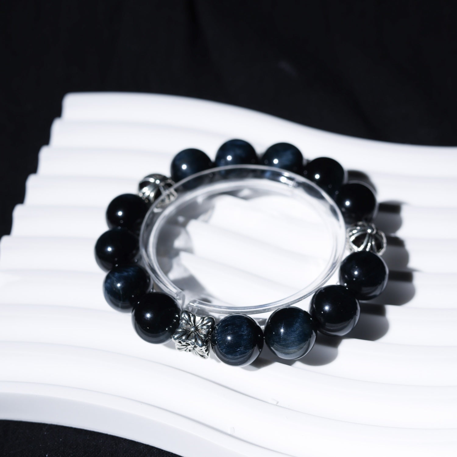 12mm Natural Blue Tiger Eye Bead Bracelet with 925 Sterling Silver Accents - Customizable Sizing (Contact Support)