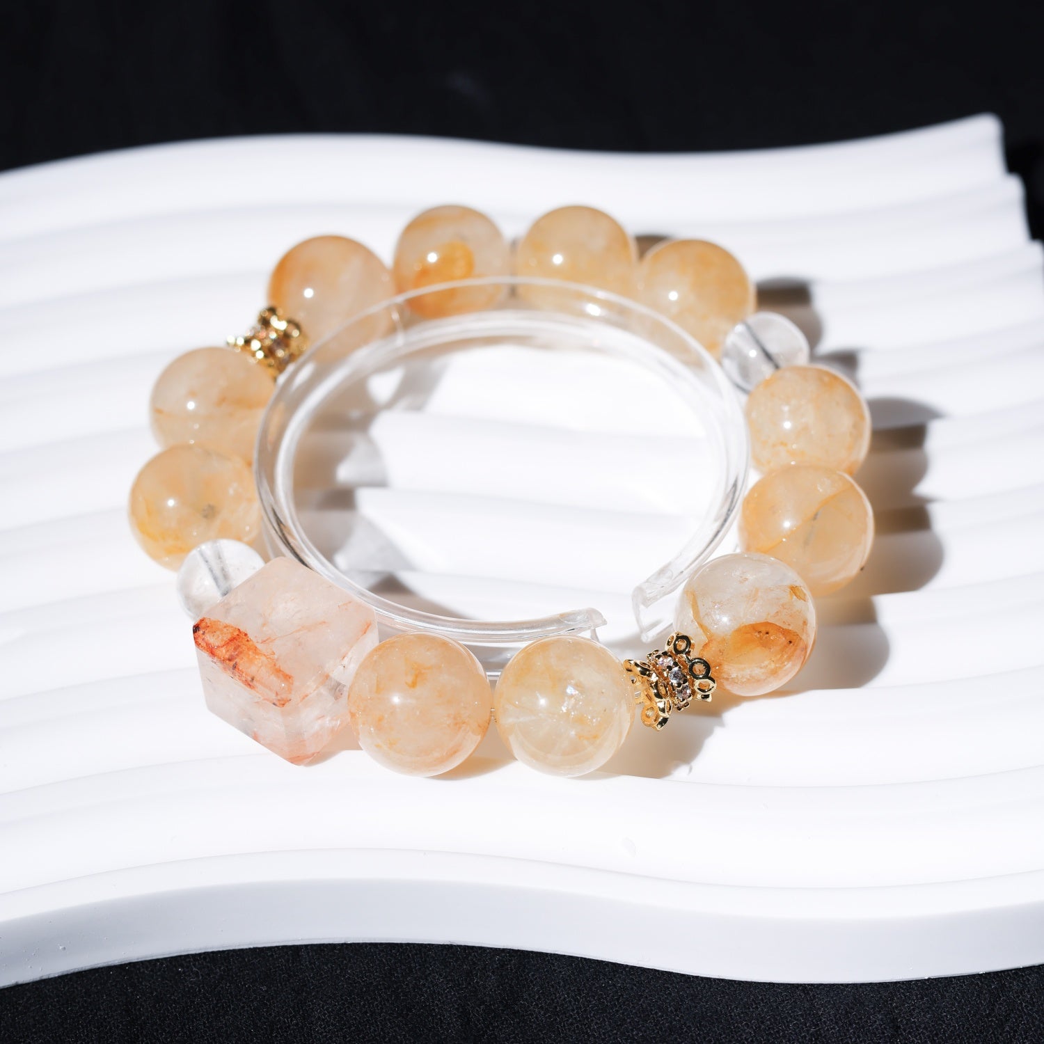 Adjustable Yellow Quartz & White Quartz Bracelet with Sugar Cube Cut Gems & Diamond Accents, 14mm+ Beads – Handmade Healing Gemstone Jewelry for All