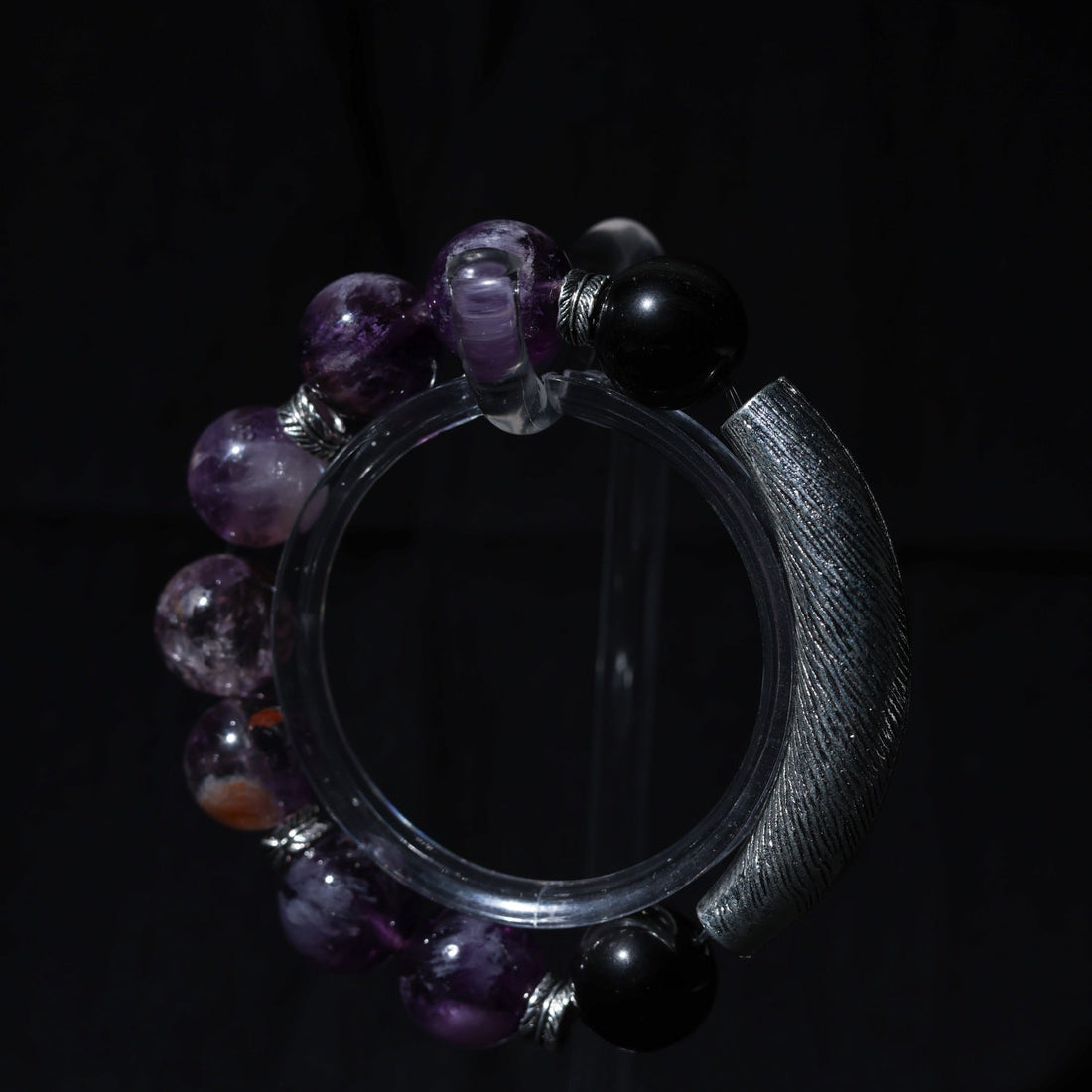 Amethyst & Silver Obsidian Adjustable Bracelet with Sterling Silver Charms – 13mm Gemstone Jewelry, Custom Sizing, Boho Gift for Women