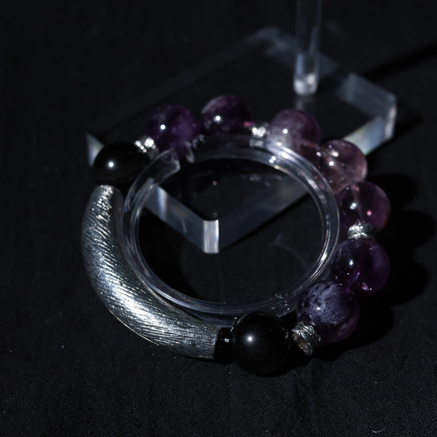 Amethyst & Silver Obsidian Adjustable Bracelet with Sterling Silver Charms – 13mm Gemstone Jewelry, Custom Sizing, Boho Gift for Women