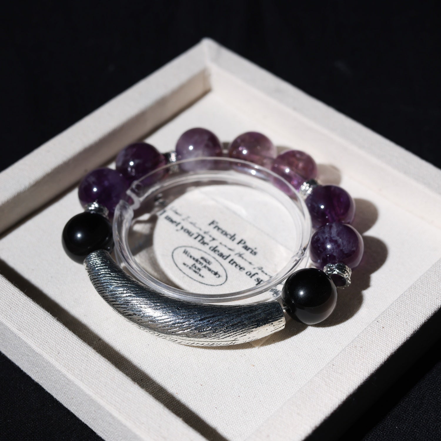 Amethyst & Silver Obsidian Adjustable Bracelet with Sterling Silver Charms – 13mm Gemstone Jewelry, Custom Sizing, Boho Gift for Women