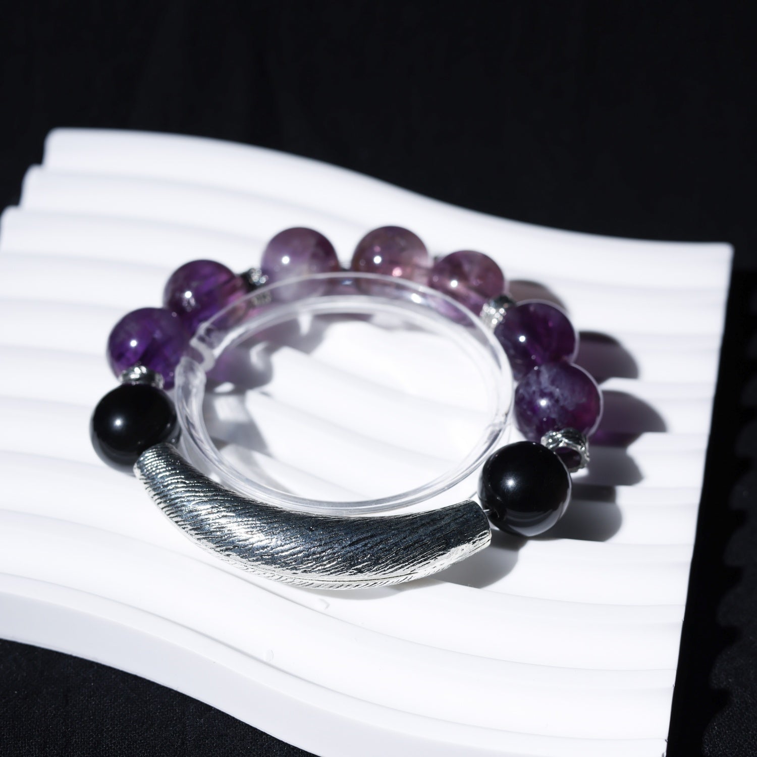 Amethyst & Silver Obsidian Adjustable Bracelet with Sterling Silver Charms – 13mm Gemstone Jewelry, Custom Sizing, Boho Gift for Women