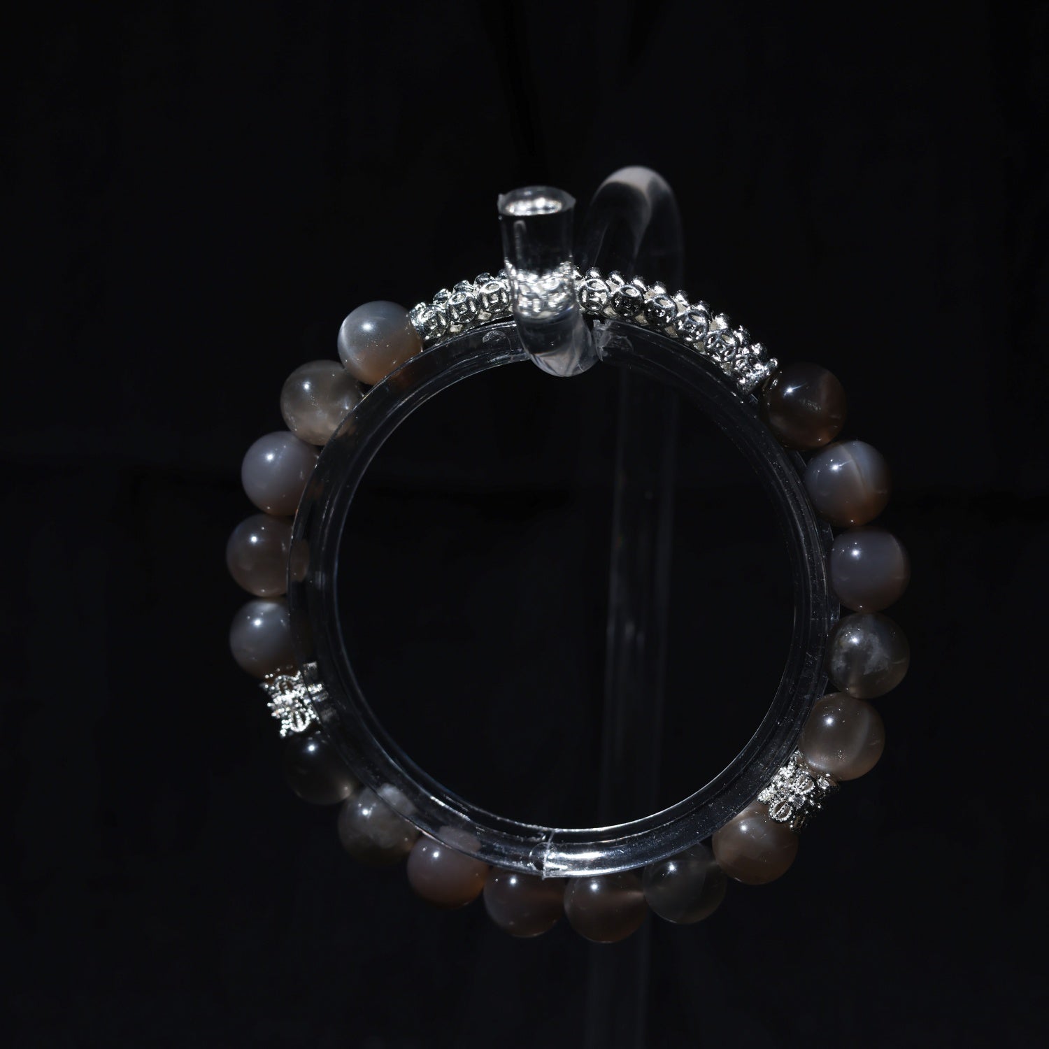 Adjustable Gray Moonstone Bracelet with Sterling Silver Accents, 8mm Beads – Handmade Healing Gemstone Jewelry for All