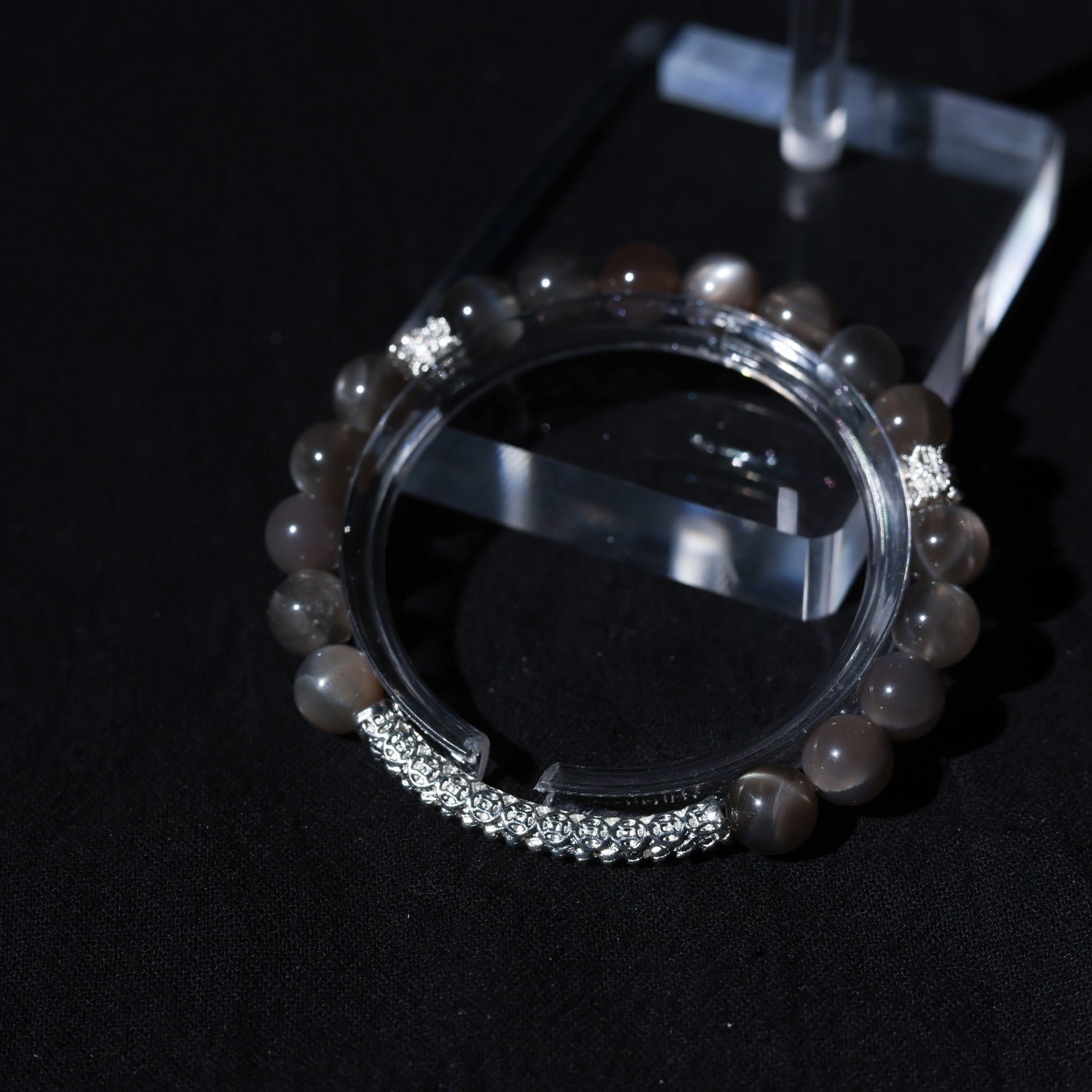 Adjustable Gray Moonstone Bracelet with Sterling Silver Accents, 8mm Beads – Handmade Healing Gemstone Jewelry for All