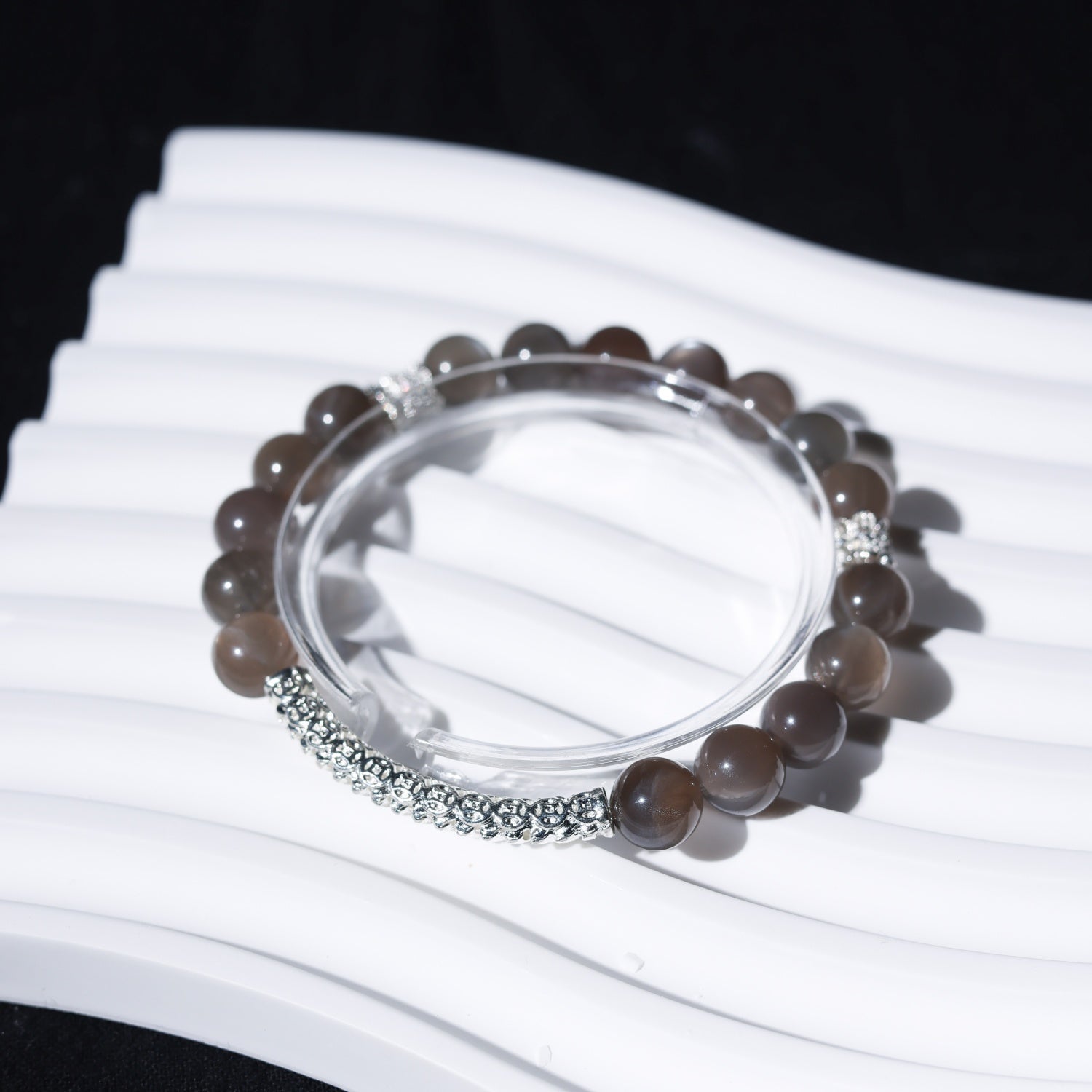 Adjustable Gray Moonstone Bracelet with Sterling Silver Accents, 8mm Beads – Handmade Healing Gemstone Jewelry for All