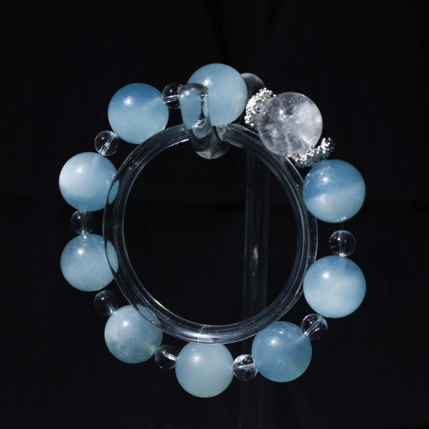Adjustable Aquamarine & White Quartz Bracelet with Silver Diamond Accents, 14mm+ Beads – Handmade Healing Gemstone Jewelry for All