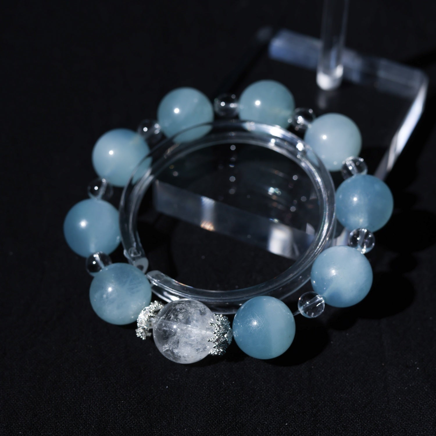Adjustable Aquamarine & White Quartz Bracelet with Silver Diamond Accents, 14mm+ Beads – Handmade Healing Gemstone Jewelry for All