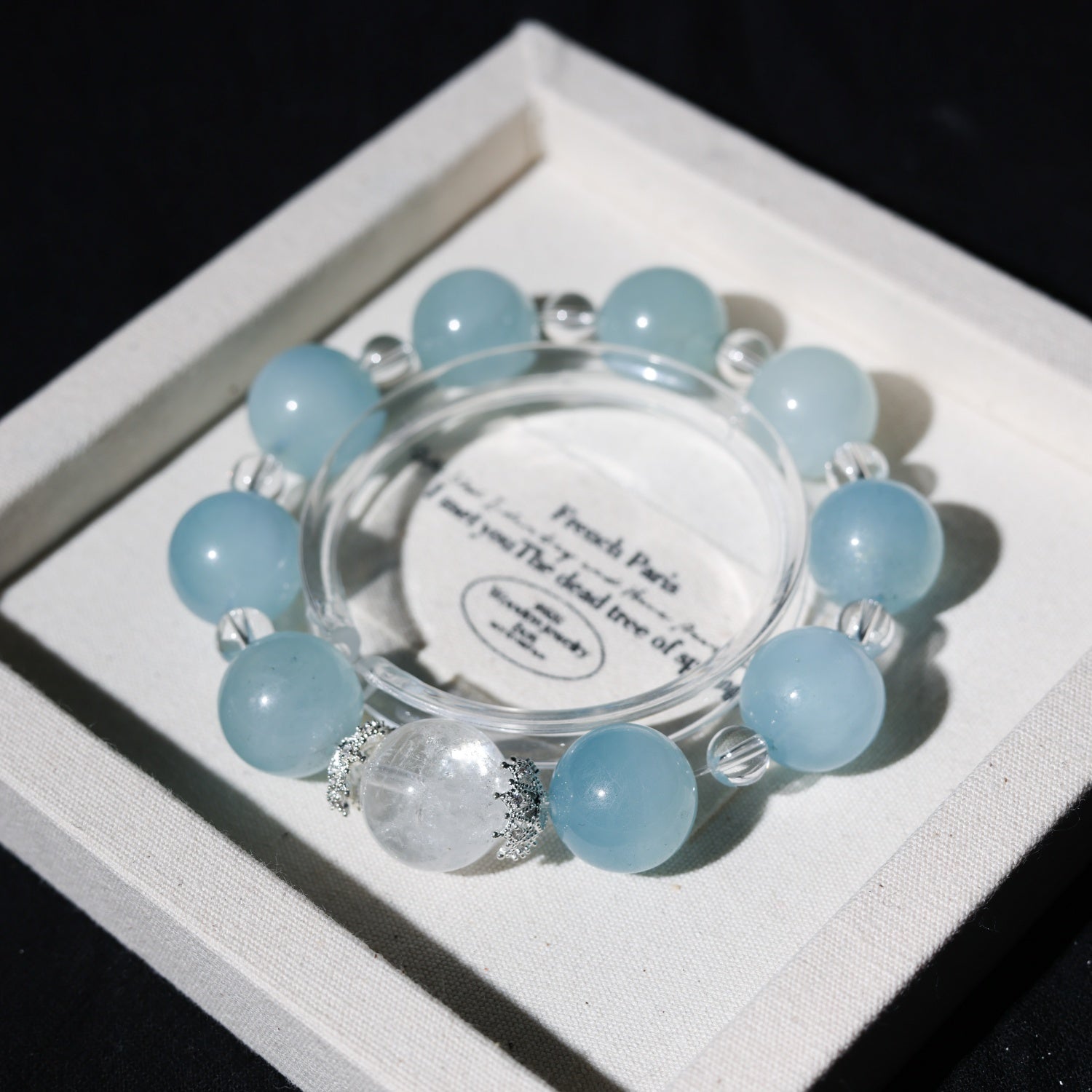 Adjustable Aquamarine & White Quartz Bracelet with Silver Diamond Accents, 14mm+ Beads – Handmade Healing Gemstone Jewelry for All