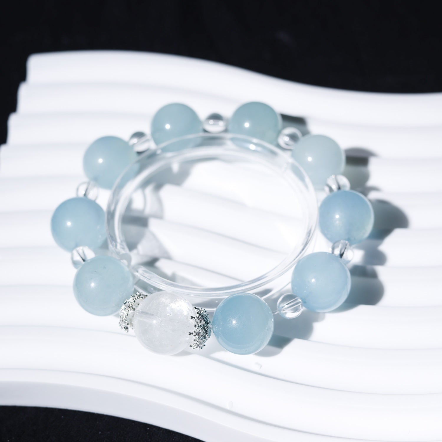 Adjustable Aquamarine & White Quartz Bracelet with Silver Diamond Accents, 14mm+ Beads – Handmade Healing Gemstone Jewelry for All