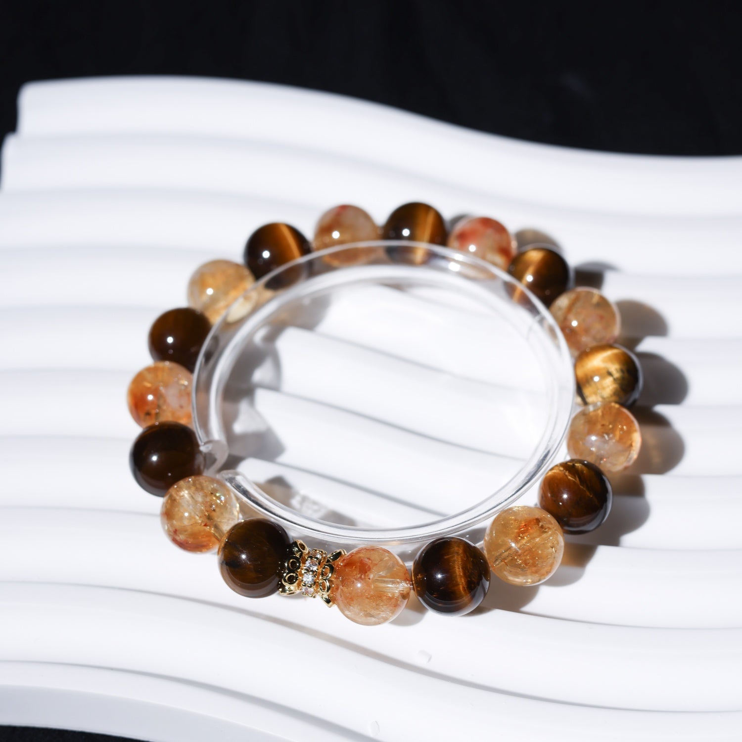 Adjustable Yellow Quartz & Tiger's Eye Bracelet with Titanium Steel Accents, 10mm+ Beads – Handmade Healing Gemstone Jewelry for All