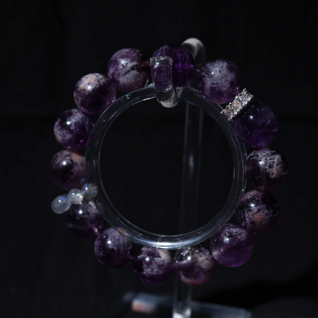 Adjustable Amethyst Bracelet with Gray Moonstone & Titanium Steel Diamond Accents, 13mm+ Beads – Handmade Healing Gemstone Jewelry for Al