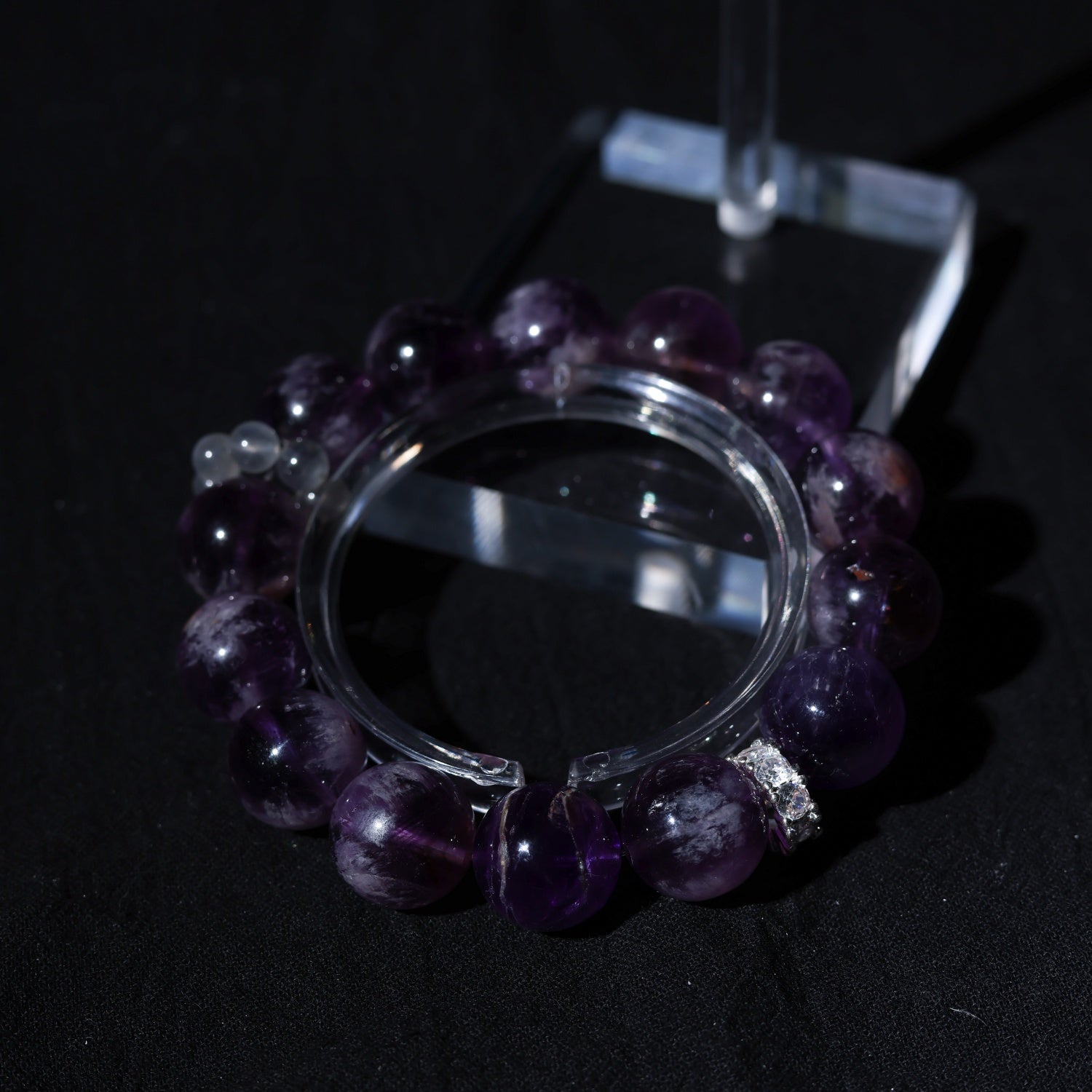 Adjustable Amethyst Bracelet with Gray Moonstone & Titanium Steel Diamond Accents, 13mm+ Beads – Handmade Healing Gemstone Jewelry for Al