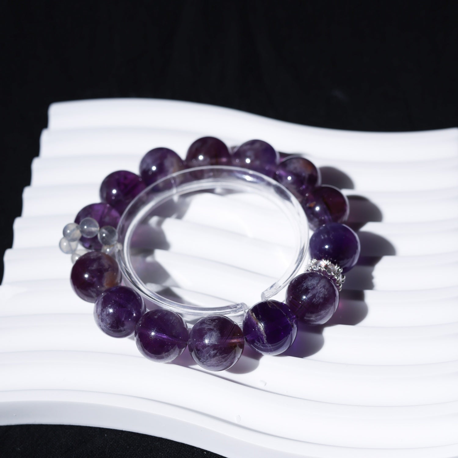 Adjustable Amethyst Bracelet with Gray Moonstone & Titanium Steel Diamond Accents, 13mm+ Beads – Handmade Healing Gemstone Jewelry for Al