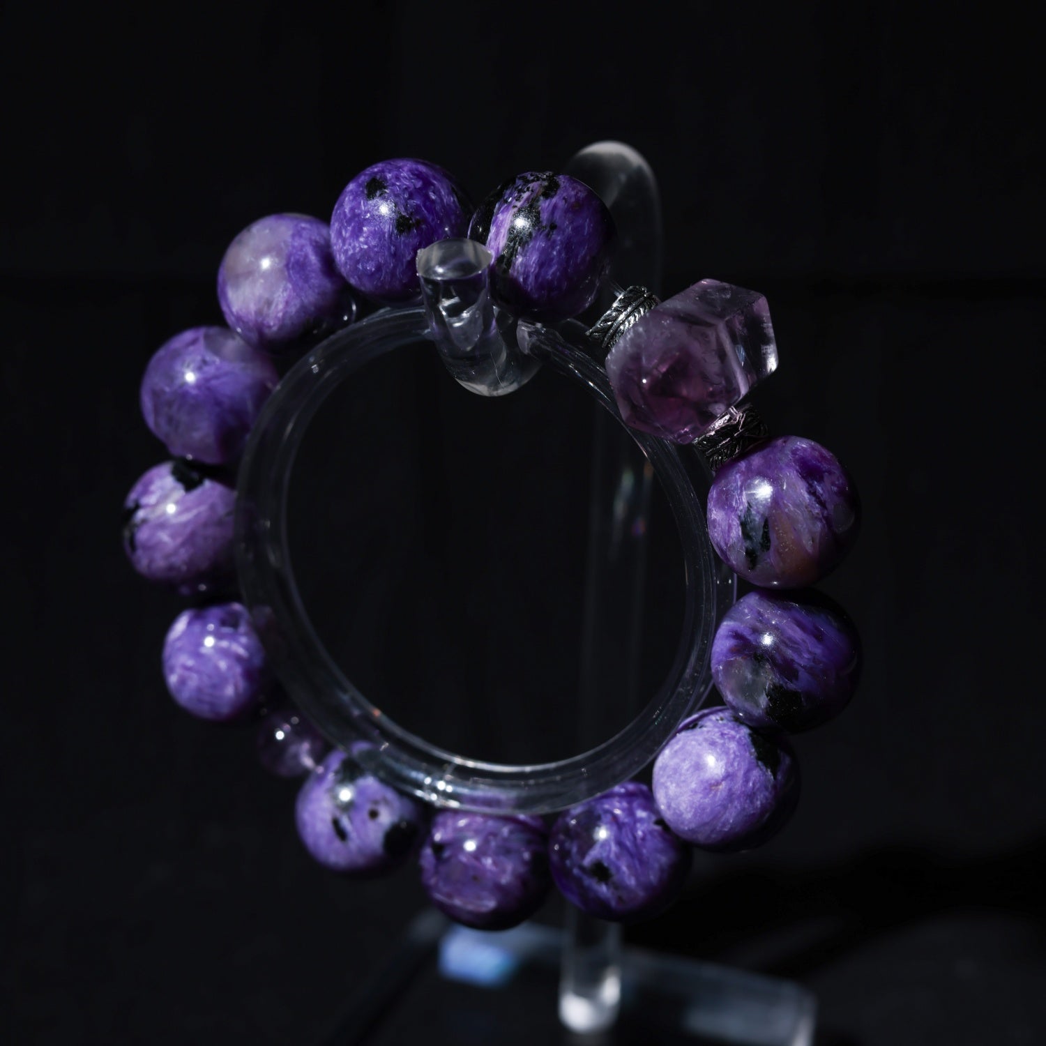 Adjustable Purple Dragon Stone Bracelet with Amethyst Crystal Points, 14mm Beads & Silver Accents – Handmade Spiritual Healing Gemstone Jewelry for All