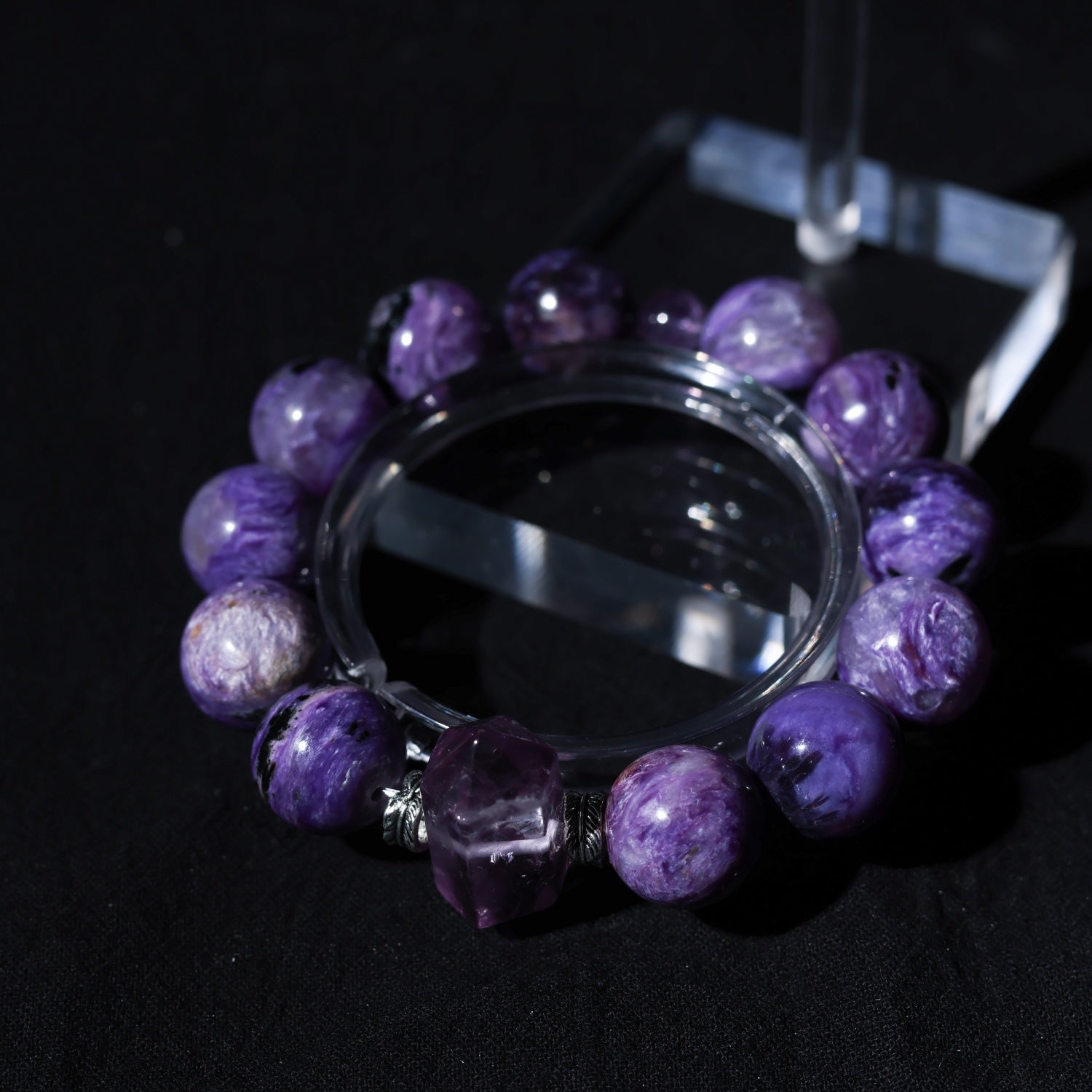 Adjustable Purple Dragon Stone Bracelet with Amethyst Crystal Points, 14mm Beads & Silver Accents – Handmade Spiritual Healing Gemstone Jewelry for All