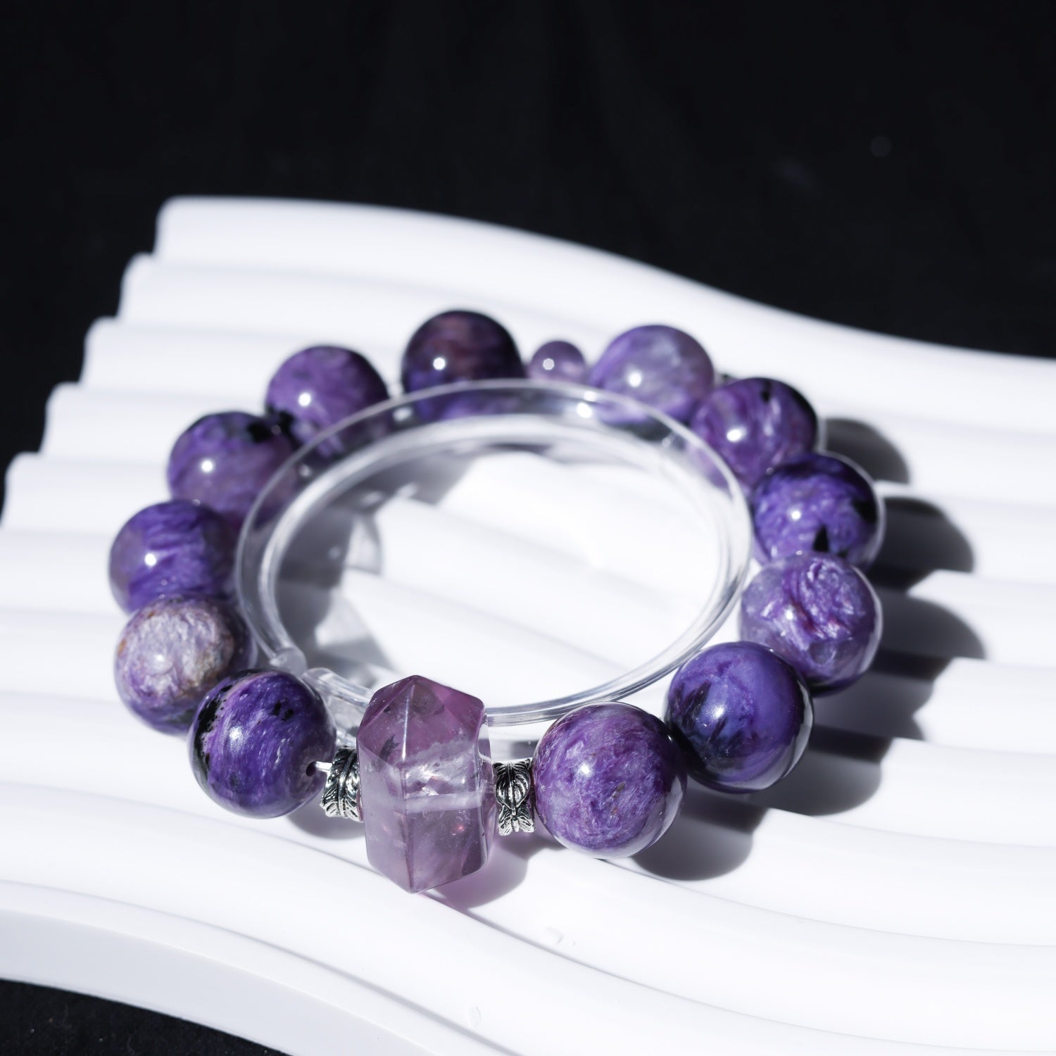 Adjustable Purple Dragon Stone Bracelet with Amethyst Crystal Points, 14mm Beads & Silver Accents – Handmade Spiritual Healing Gemstone Jewelry for All