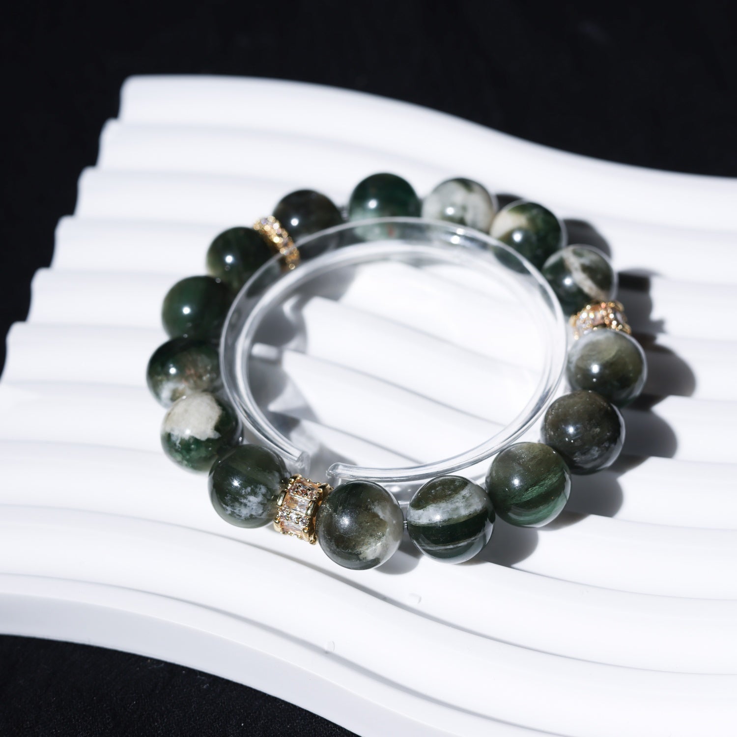 Adjustable Green Mica (Fuchsite) Bracelet with Diamond Accents, 12mm+ Beads – Handmade Healing Gemstone Jewelry for All