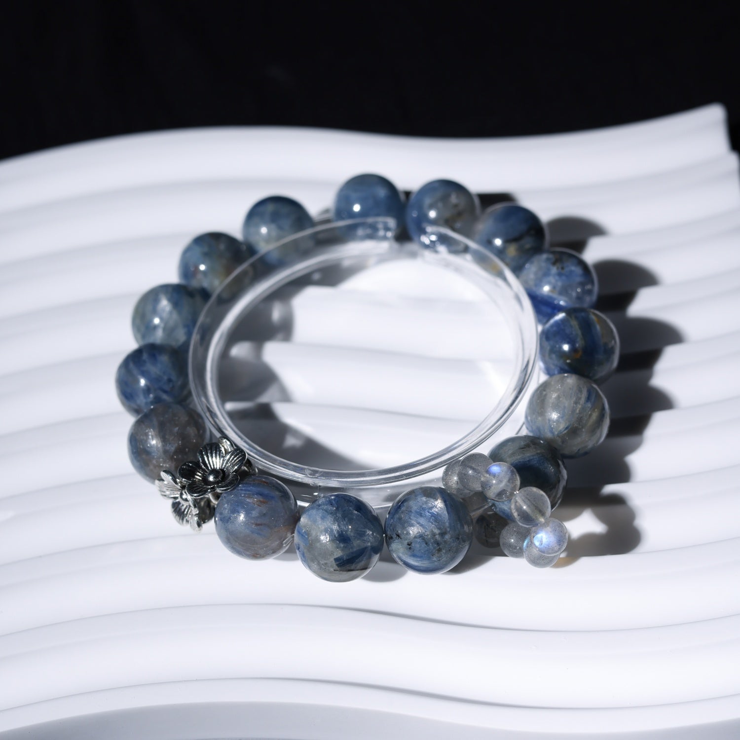 Adjustable Blue Picasso Jasper & Gray Moonstone Bracelet with Silver Accents, 12mm+ Beads – Handmade Healing Gemstone Jewelry for All